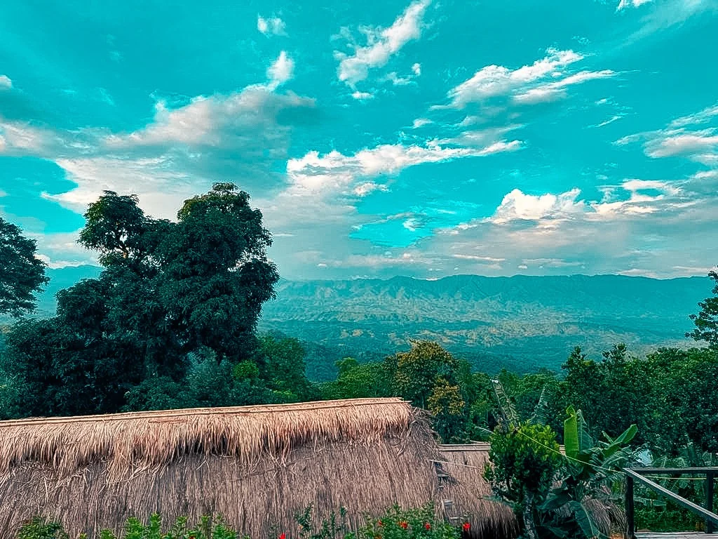 A thatched roof with layered hills running to the horizon