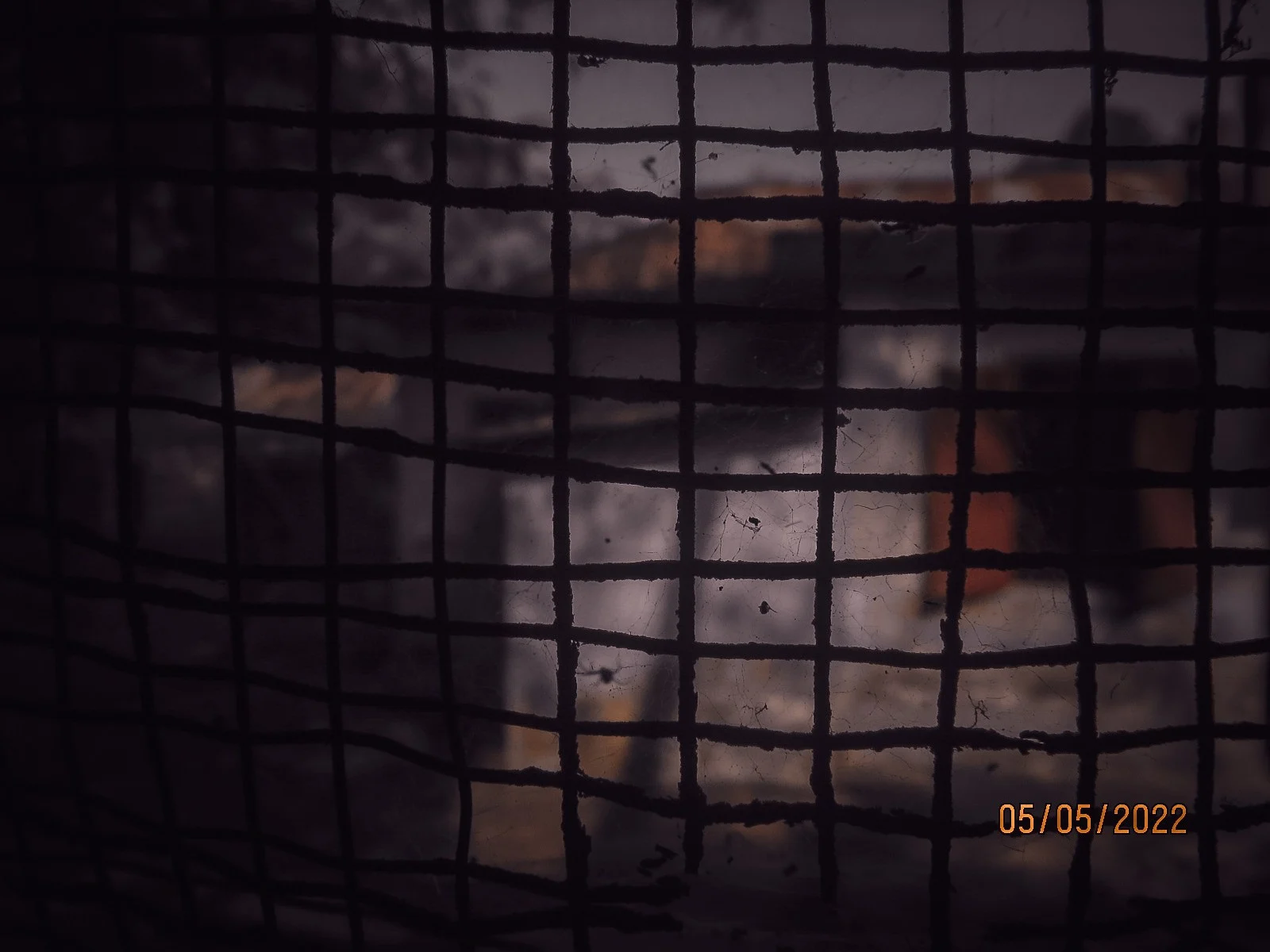 A lit interior seen through a dark window mesh