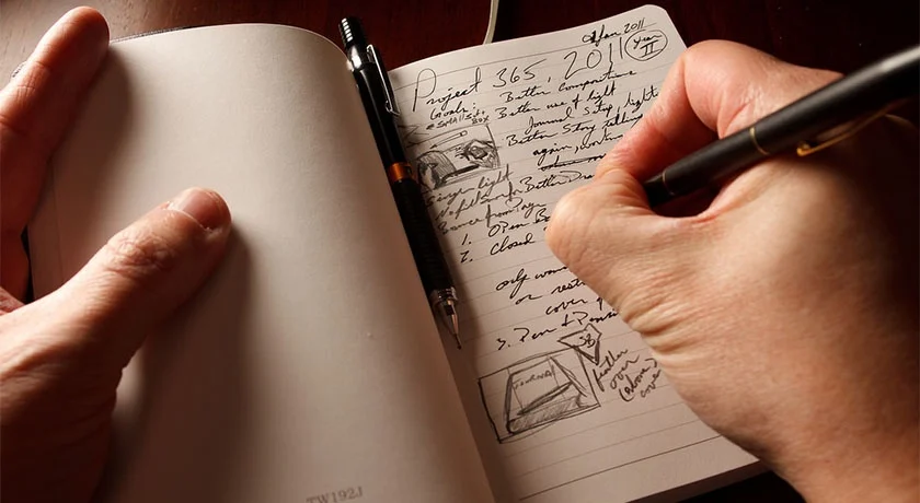 A pair of hands writing notes and small sketches into an open notebook