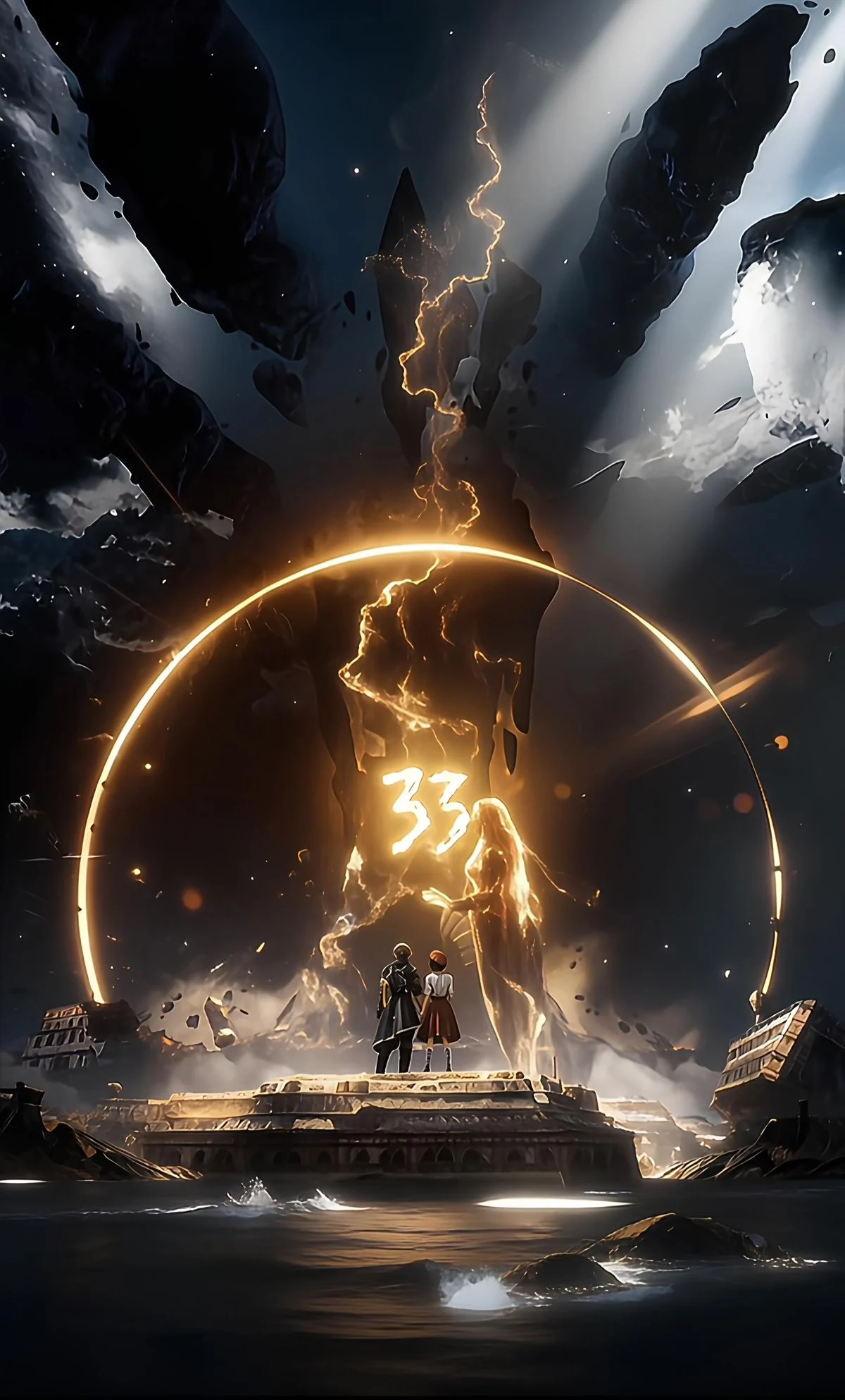 Two figures before a great ring of light