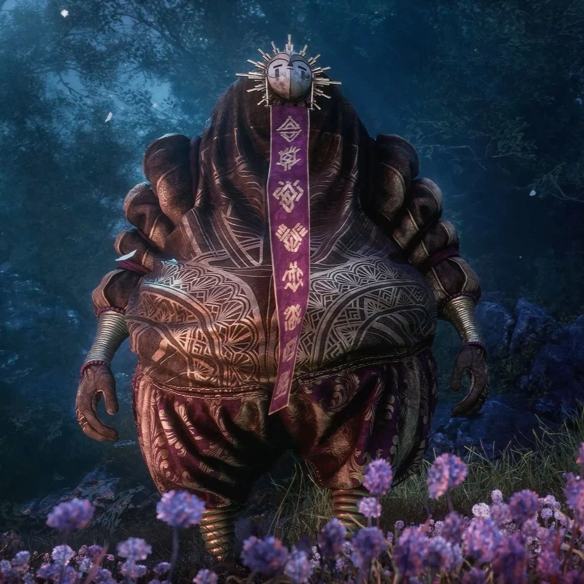 A large ornate figure standing in a field of flowers
