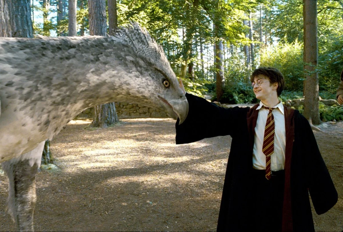 Harry reaching out to touch Buckbeak the hippogriff