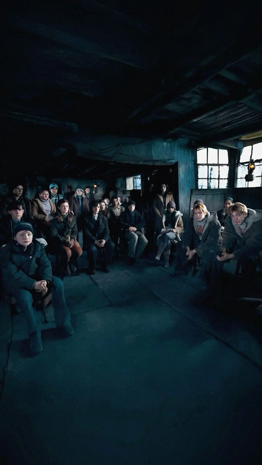 Students seated in a dim room listening