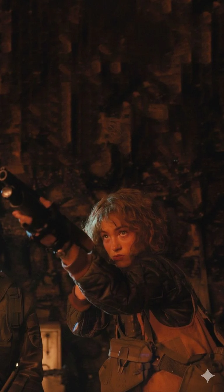 A young woman raising a shotgun in red light