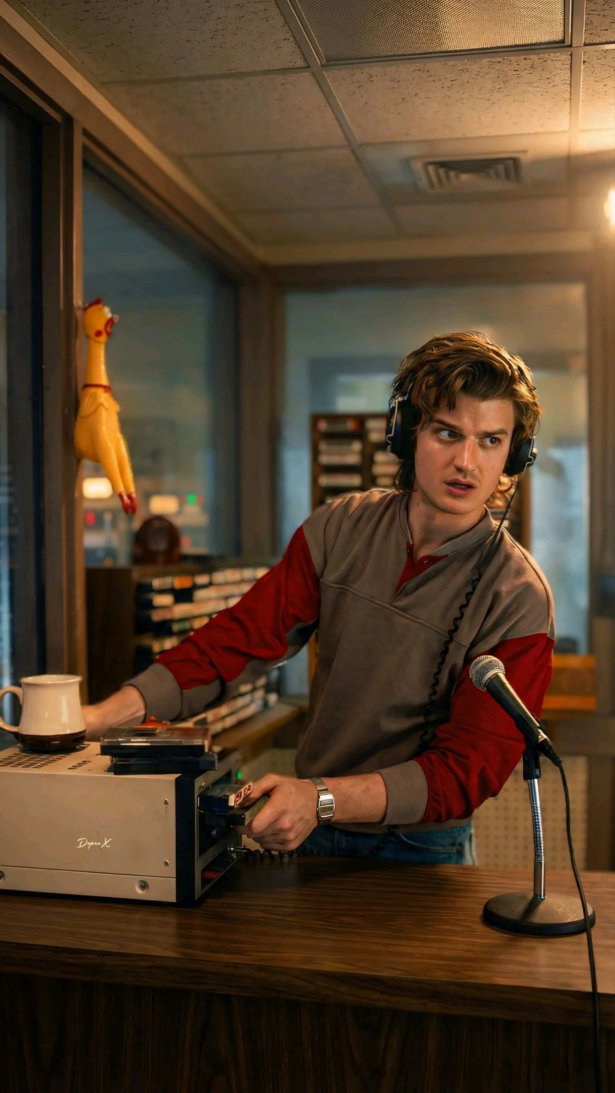 Steve at a radio station desk wearing headphones