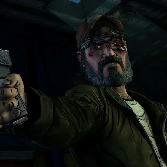 Kenny aiming a pistol, a bandage over one eye